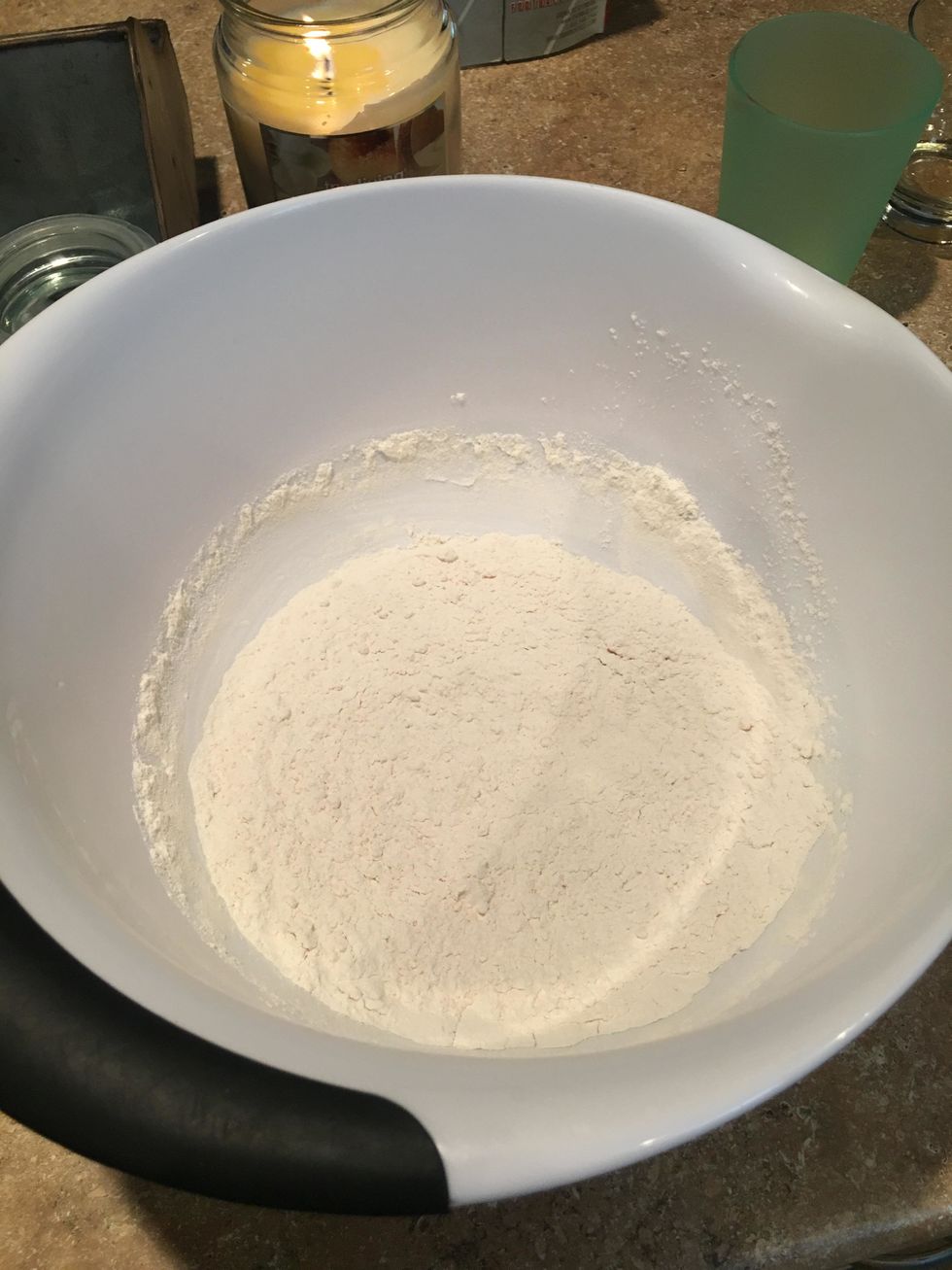 Sift dry ingredients. (Flour, baking powder, and salt.)