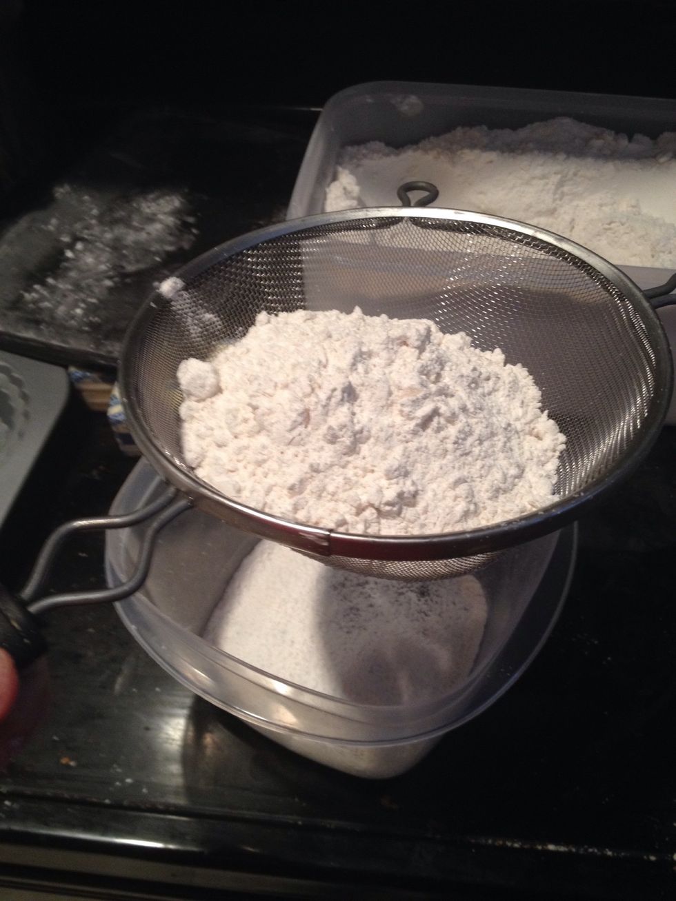 Sift flour, 1 1/4 cup of powdered sugar and salt into a bowl
