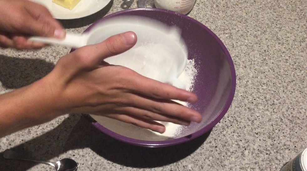 Sift flour, baking powder, baking soda And caster sugar together into a large bowl