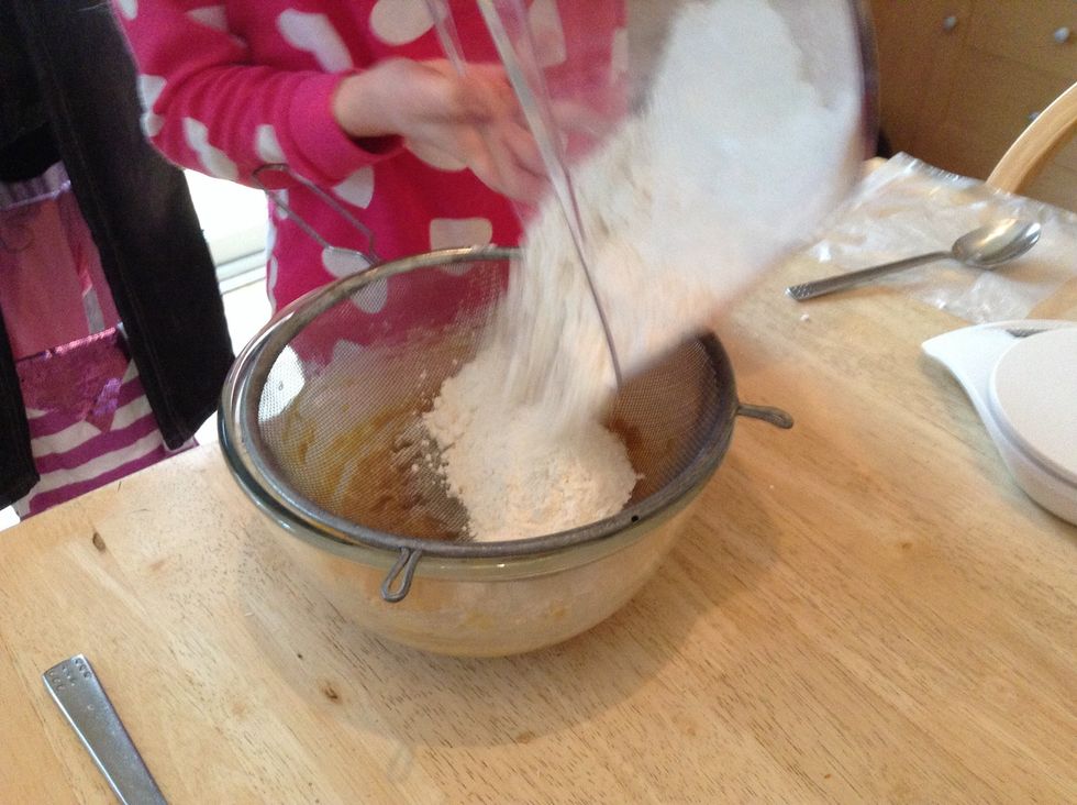 Sift in the baking powder and flower, stir with a wooden spoon until evenly combined (do NOT over mix)