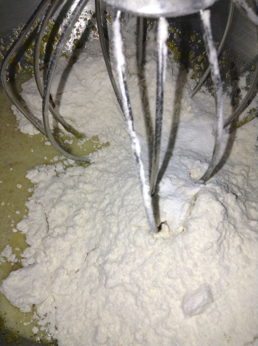 Sift in the flour and the baking powder and fold in,then fold the melted butter.