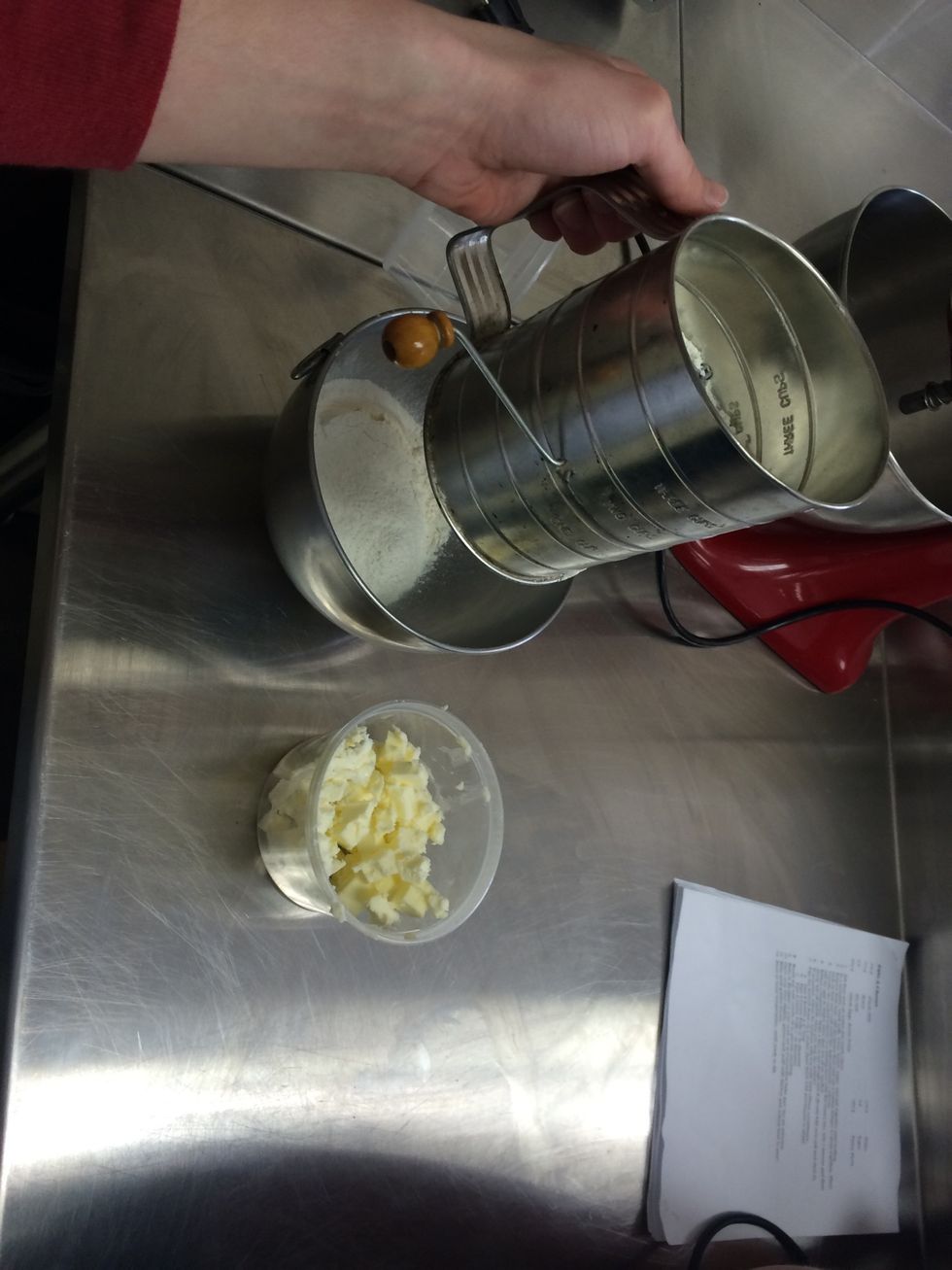 Sift pastry flour (140g) and cut butter (unsalted 110g)  into small cubes