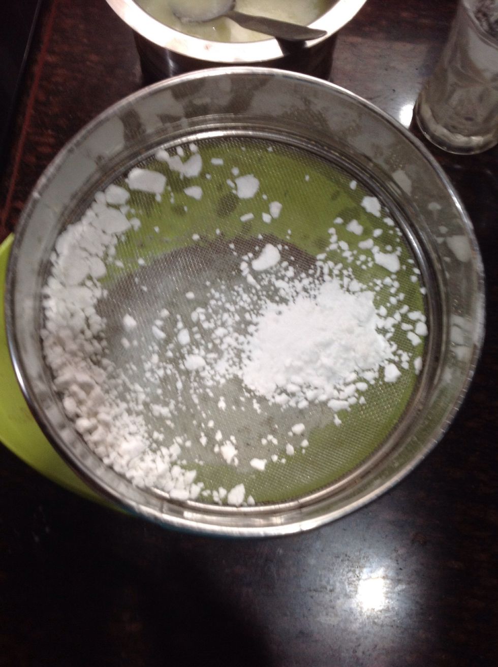 Sift soda bi carb,cocoa,sugar and purposed flour Mix them well