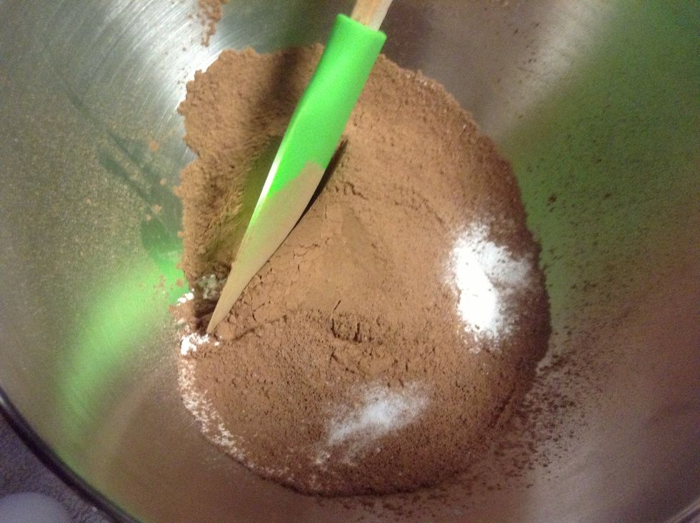 Sift the coco powder, flour, salt, and baking soda together.