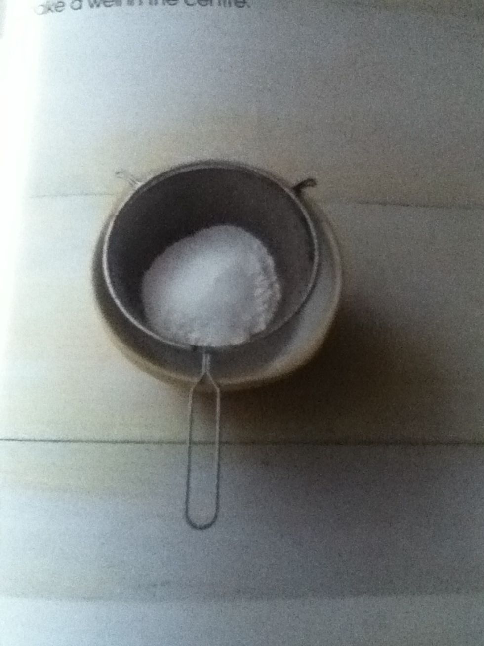 Sift the flour and sugar into a bowl and make a well in the centre.