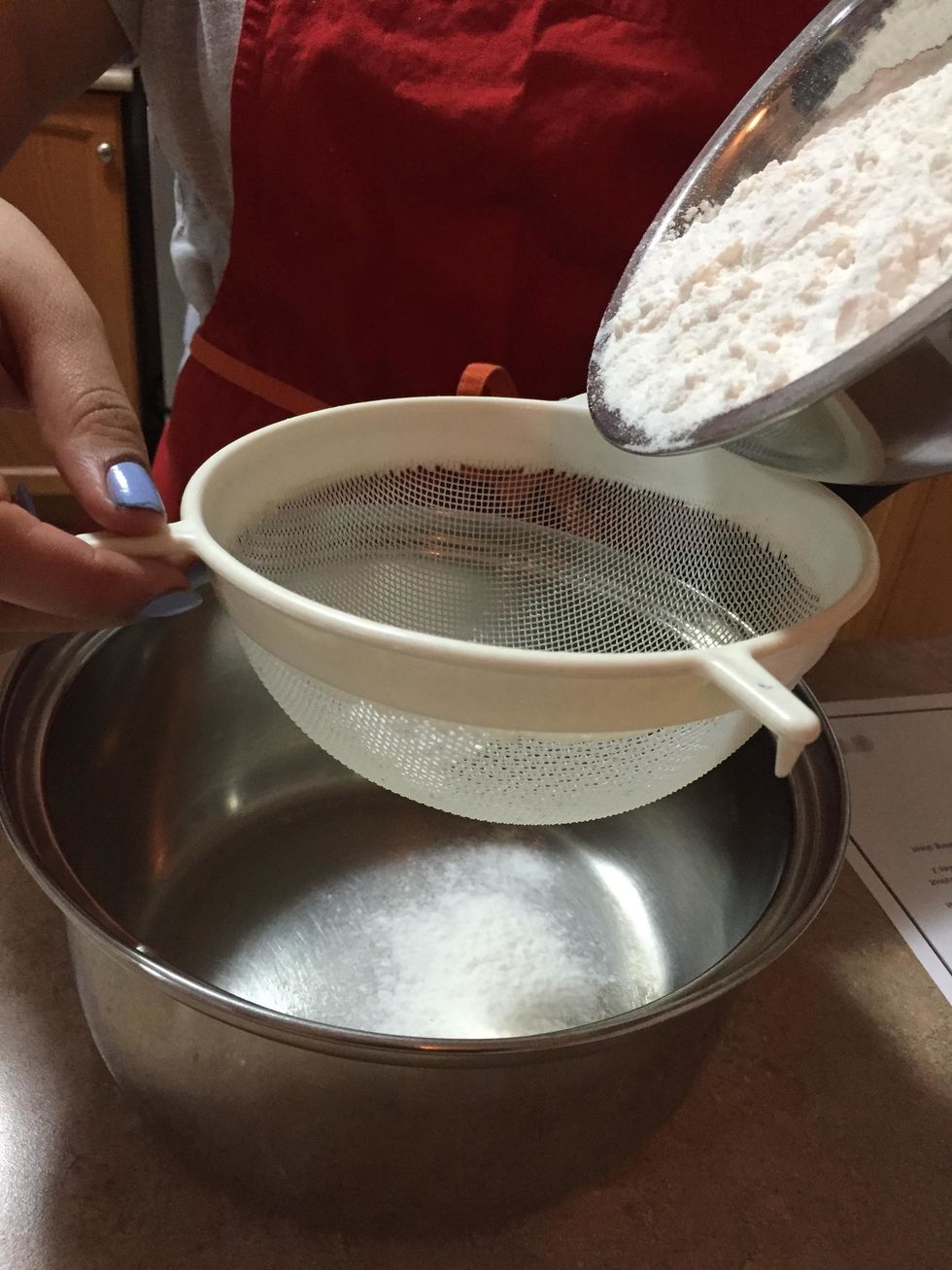 Sift the flour in a large empty bowl along with the other dry ingredients.