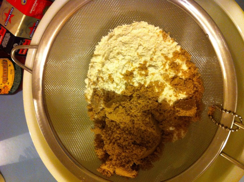 Sift the flours, sugar and bicarb soda.