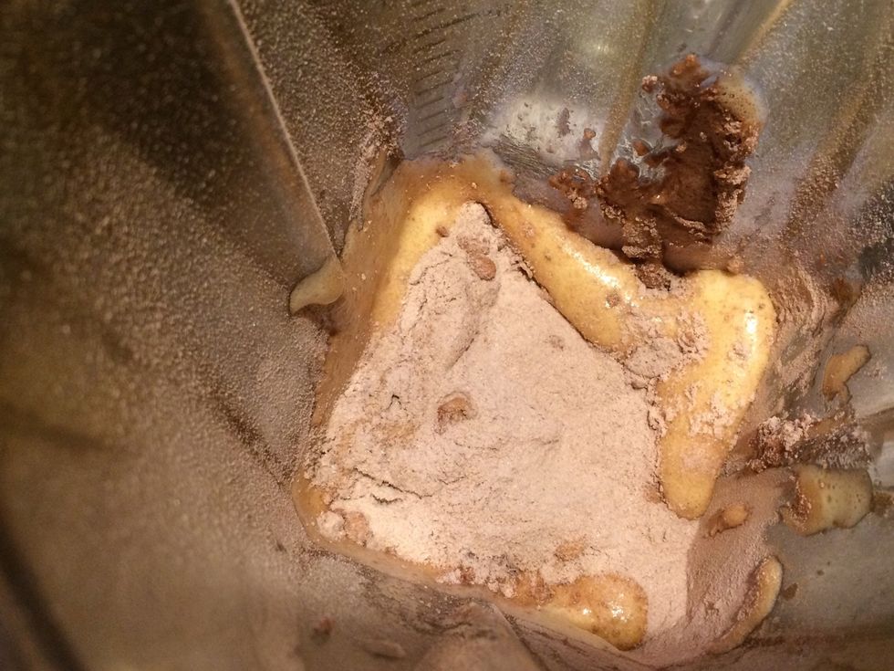 Sift together the baking powder, baking soda, white hot chocolate mix together. Now add the dry ingredients to the blender until incorporated.