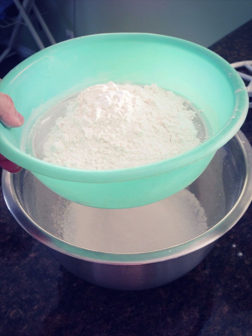 Sift together the flour, sugar, cocoa powder, baking soda, baking powder and salt.