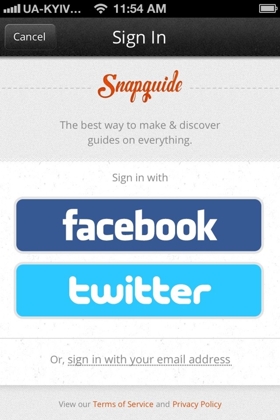 Sign up/sign in with FB, Twitter or your email