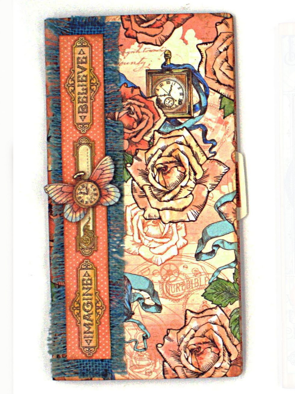 Signature 3 cover: Assemble with 8" piece of burlap topped with 8" strip cut from Adventure Beckons and a fussy cut butterfly.