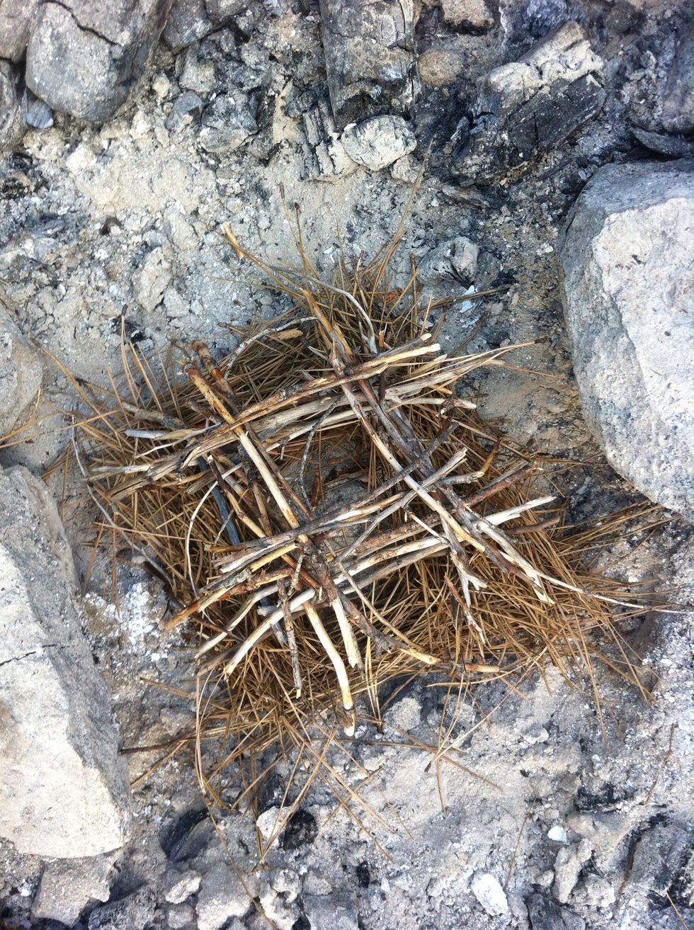 similarly, overlap your next size twigs one at a time on top of the pine needles, again leaving the center open.