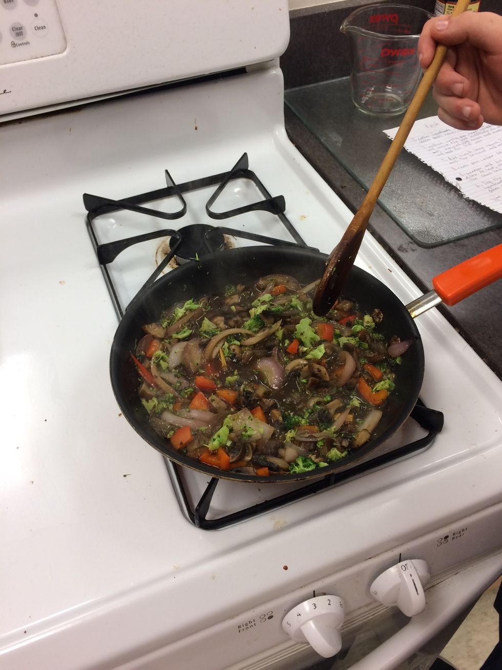 Simmer all ingredients for 5 min. Don't add green onion yet