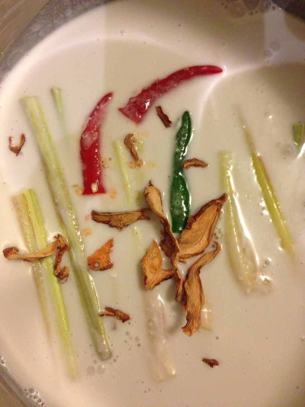 Simmer all the herbs in the combined broth and coconut milk until the flavours have infused. Do not boil.