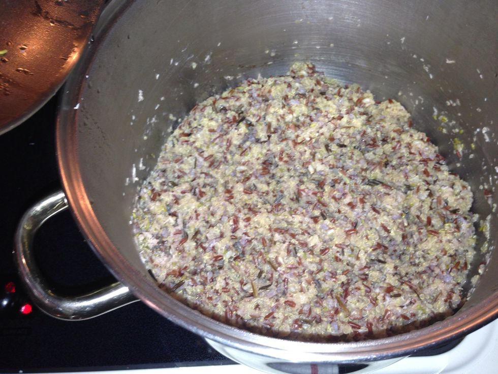Simmer covered until soft and water's absorbed. I never measure the liquid I add to the cooking. I go by inches over the grain. Usually 2 to 3 inches for my porridges.