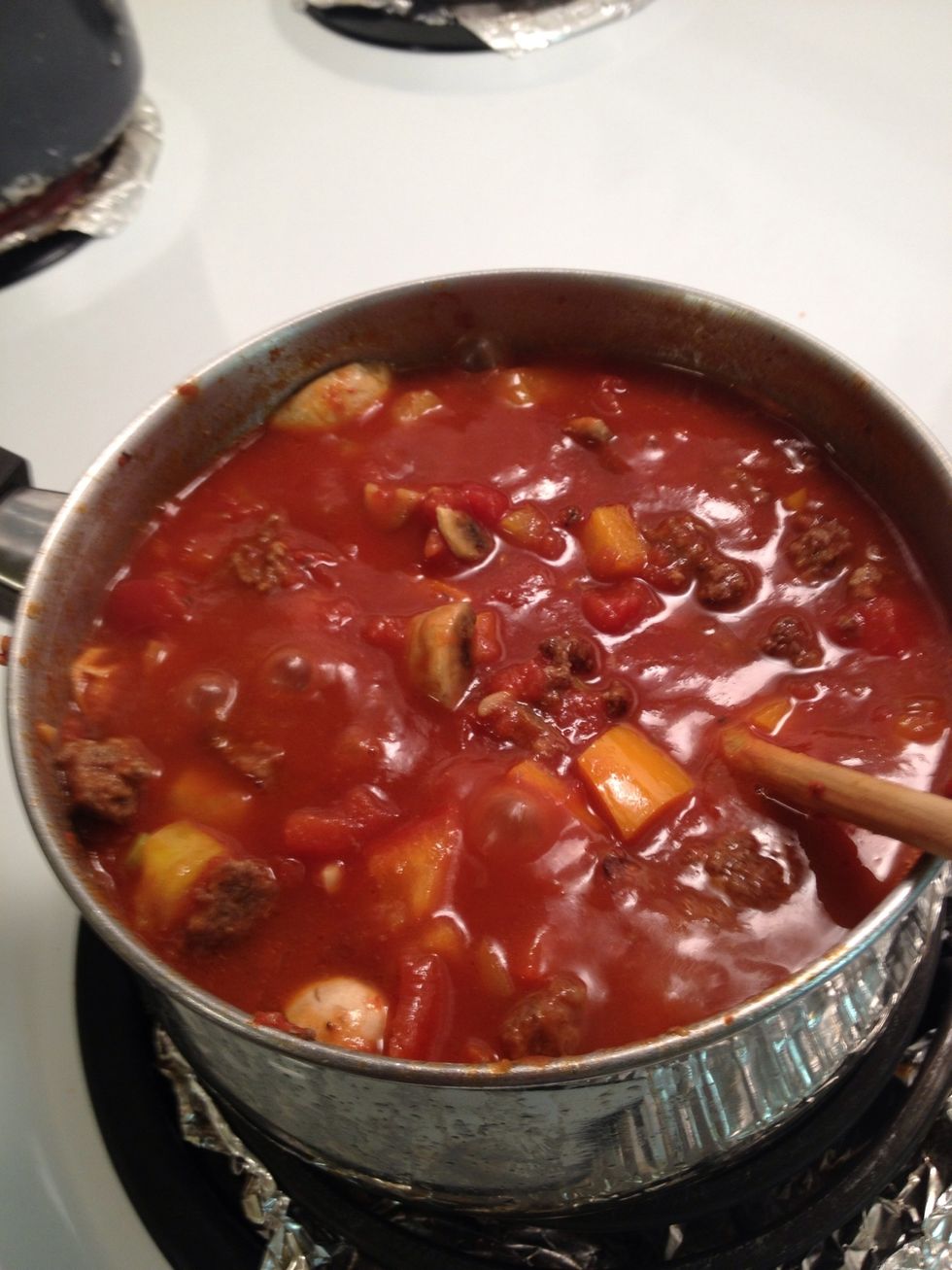 Simmer for about 10-15 also during this time add the rest of the tomato paste.