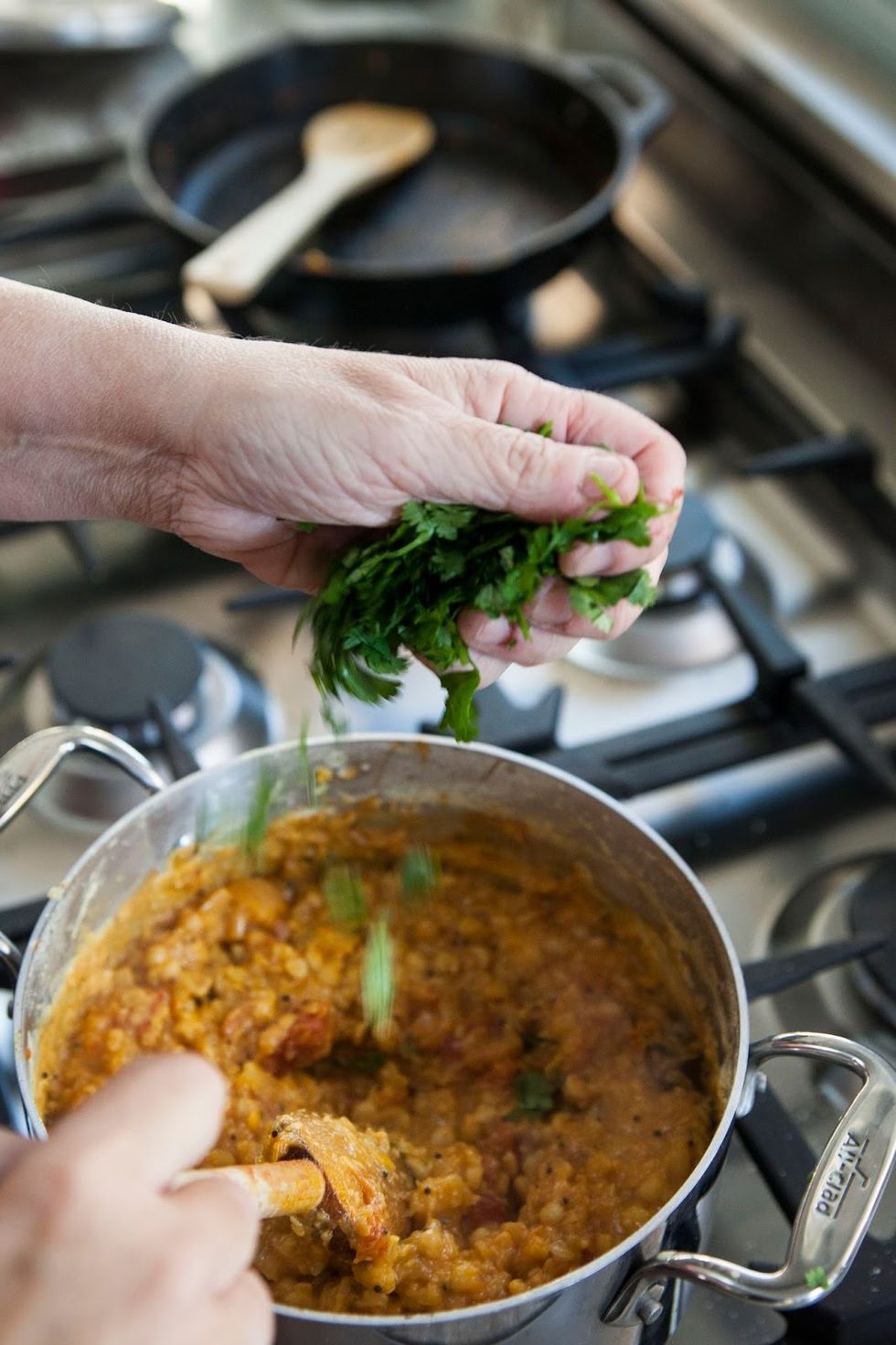 Simmer it all together for about 5 minutes. Sprinkle the chopped fresh cilantro over the dal and mix it in.