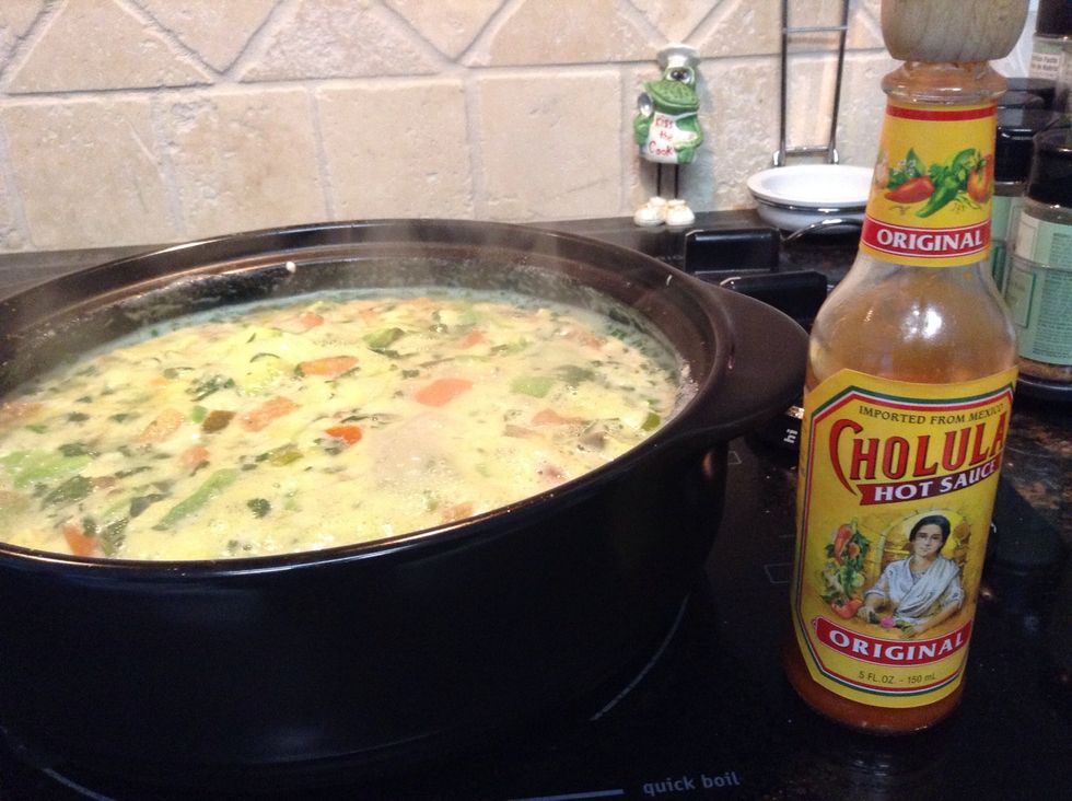 Simmer until Flavors merged & taste for heat. If desired (optional), add a dash of hot sauce or add to each individual serving.