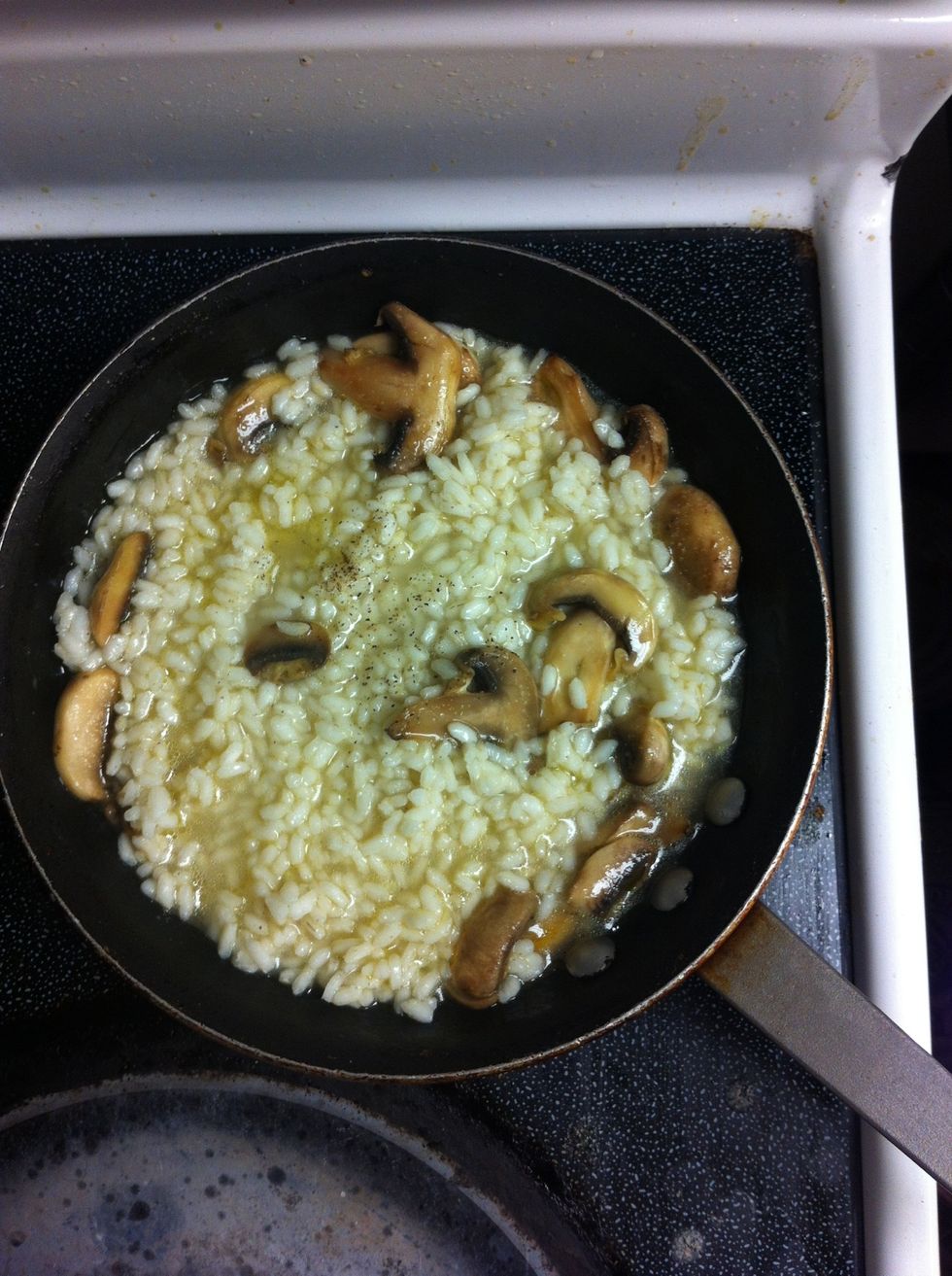 Simmer until rice absorbs Veg Stock, be sure to stir constantly to prevent frying rice.