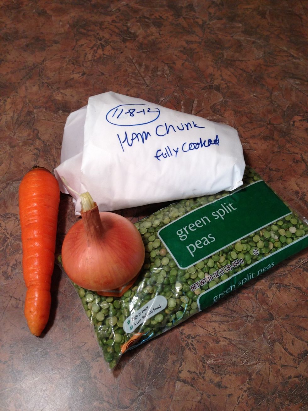 Simple healthy ingredients! Split Peas can be found in 1-pound bags in the bean and lentil section of your grocery store. Use a generous chunk of ham or a ham bone.