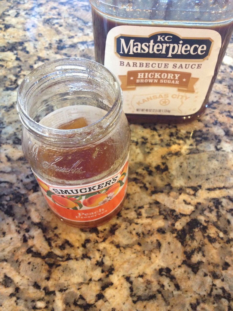 Simple ingredients! Wings, peach preserves and your favorite bar b que sauce. I usually make mine however, this works just as good