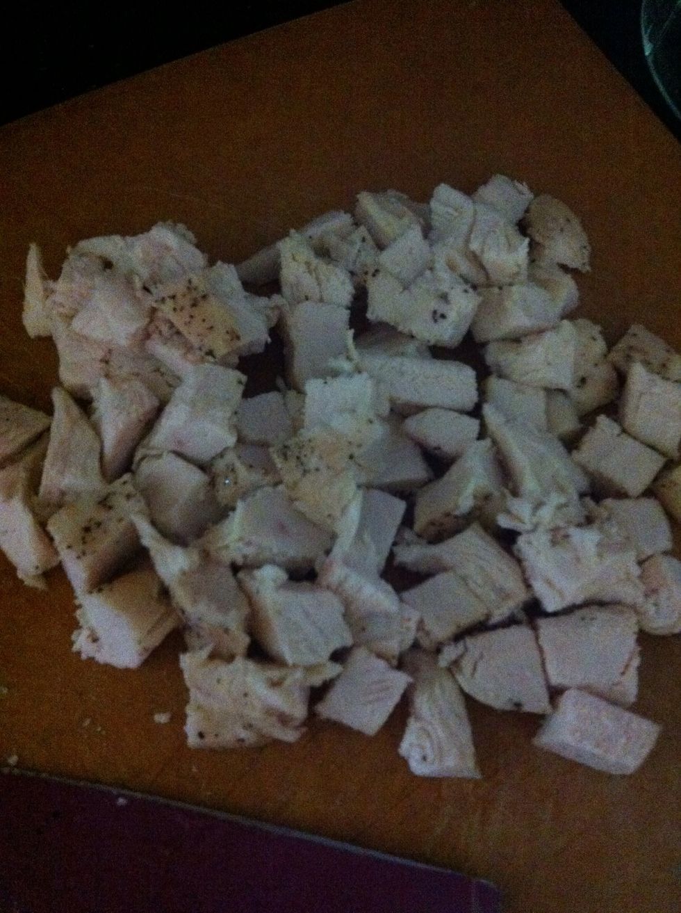 Simply cube up your chicken.. This ended up being 2 cups after I cut 3 chicken breasts.