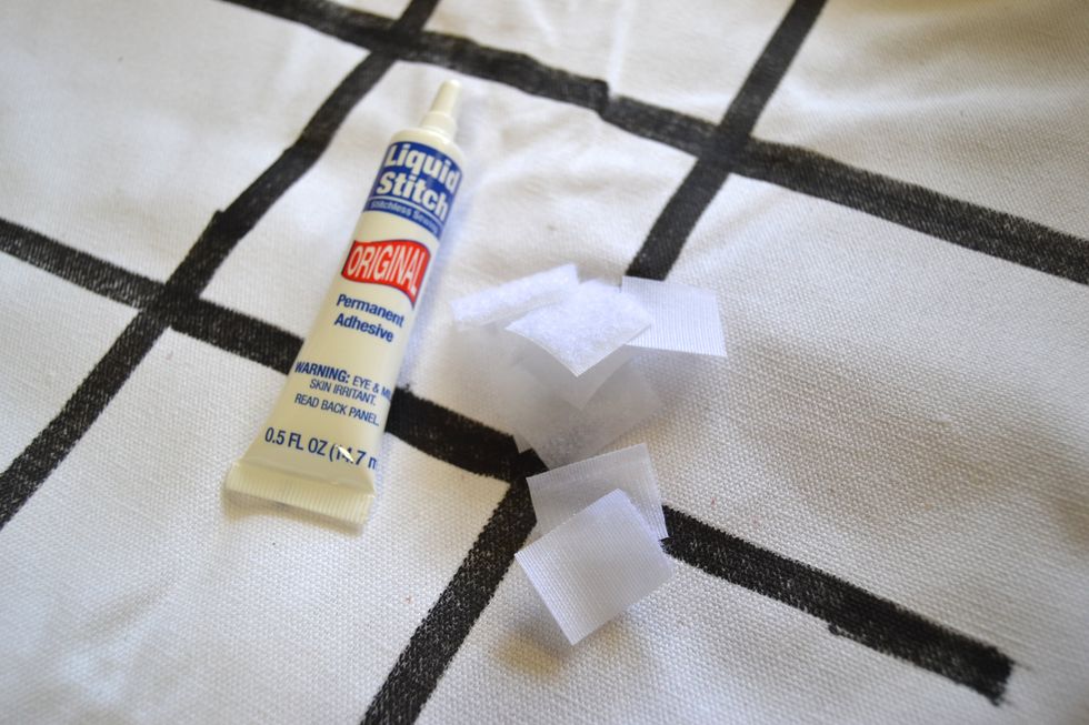 Since I'm not a sewer, I used a permanent fabric glue to adhere my velcro. Cut the soft side of the velcro (so no one gets scratched) into 1inch pieces and glue on to the middle of each square.