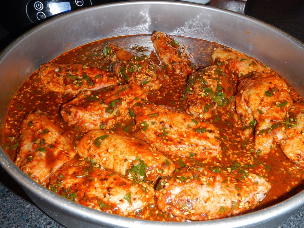 Single layer, bake at 375 until juices run clear when meatiest portion of the chicken is poked with a fork.