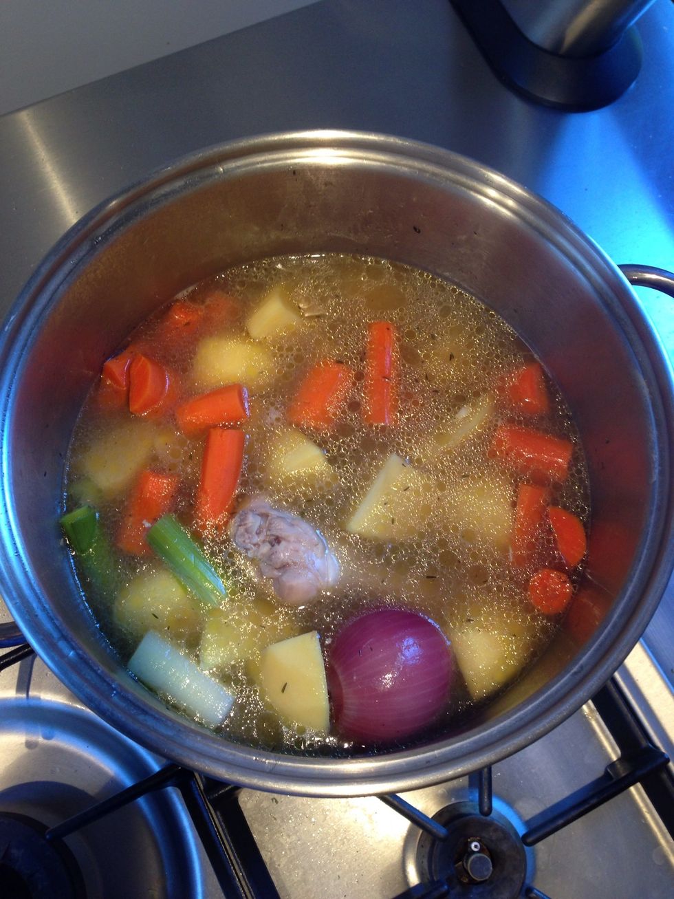 Sitting pretty - gentle boil. Taste and season. Don't be shy about using black pepper as the creme fraiche will soften the taste when you add it later.