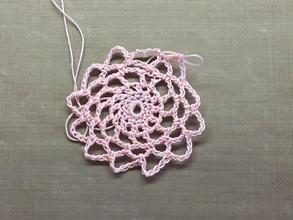 Sixth row: 6 chain, 1 single crochet into each space around, on the last one do 3 chain and a U.S. double crochet or a U.K. treble to join the last stitch.