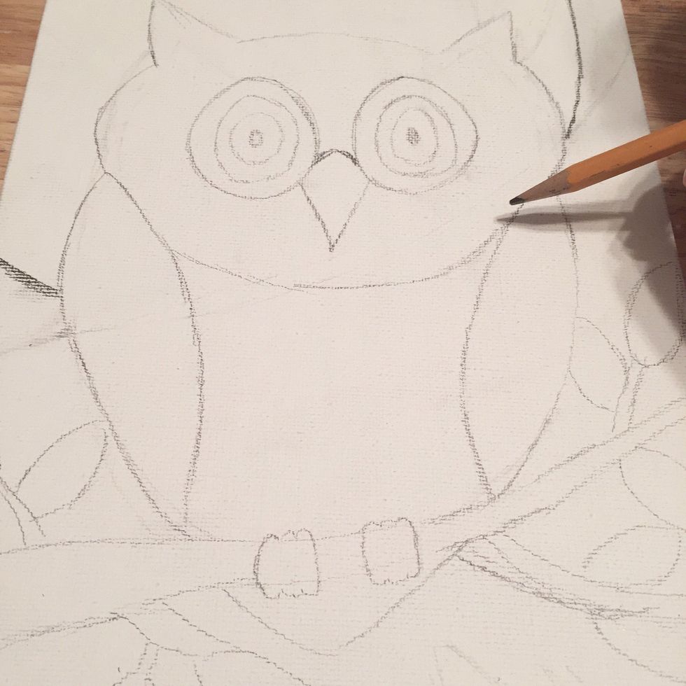 sketch design onto canvas using pencil. no need to erase corrections completely, they'll be covered.