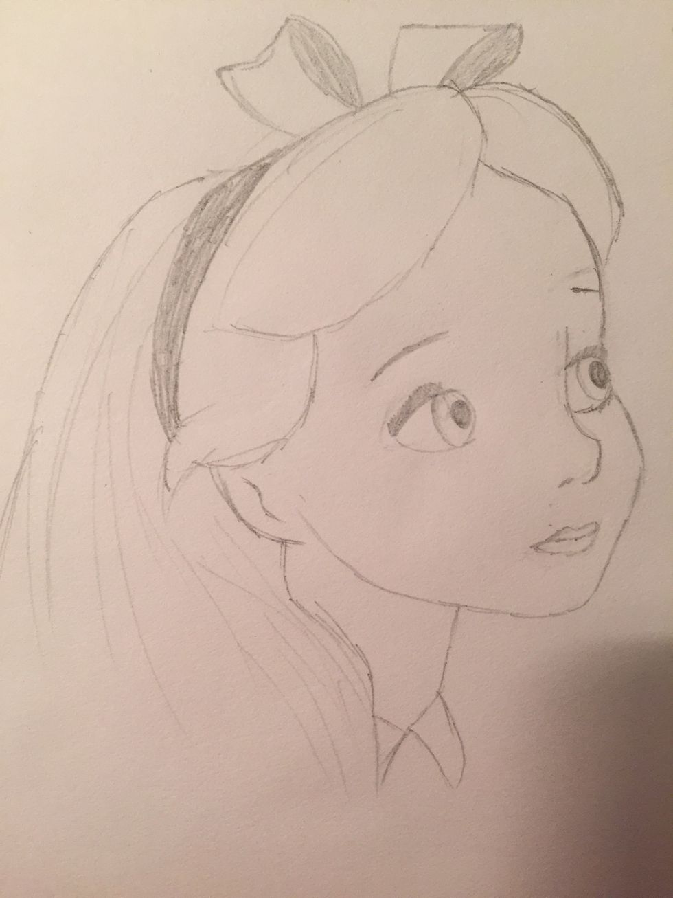 Sketch in Alice's face. This is the hardest part- it took me a really long time to get the expression just right! If her expression looks weird, try adjusting her eyebrows. Makes a huge difference.