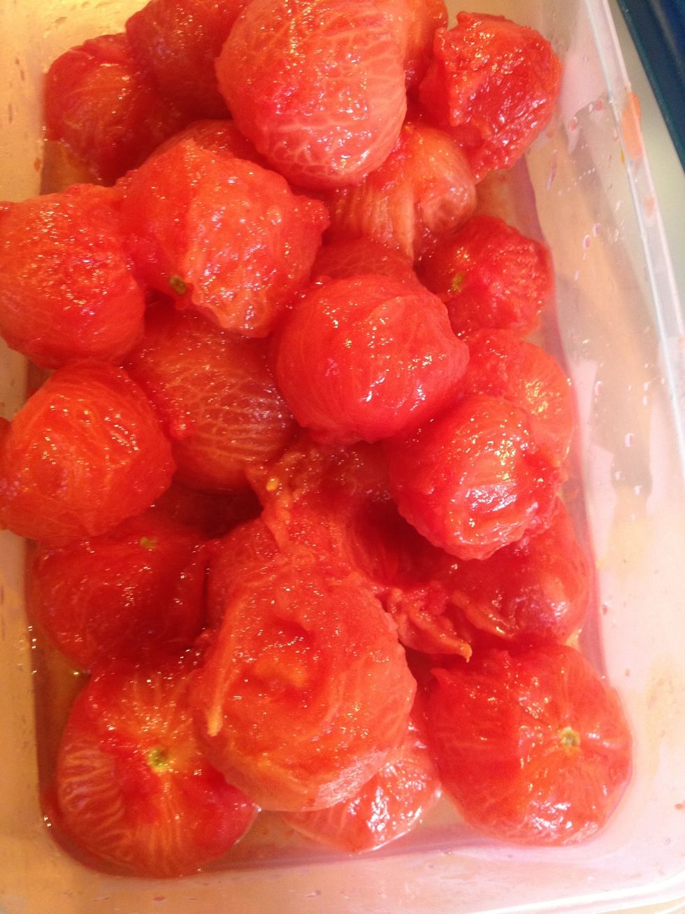 Skin all removed. If you want a chunky soup you need to remove the stalks from the tomatoes. Simply cut in half and remove the white sections and seeds.