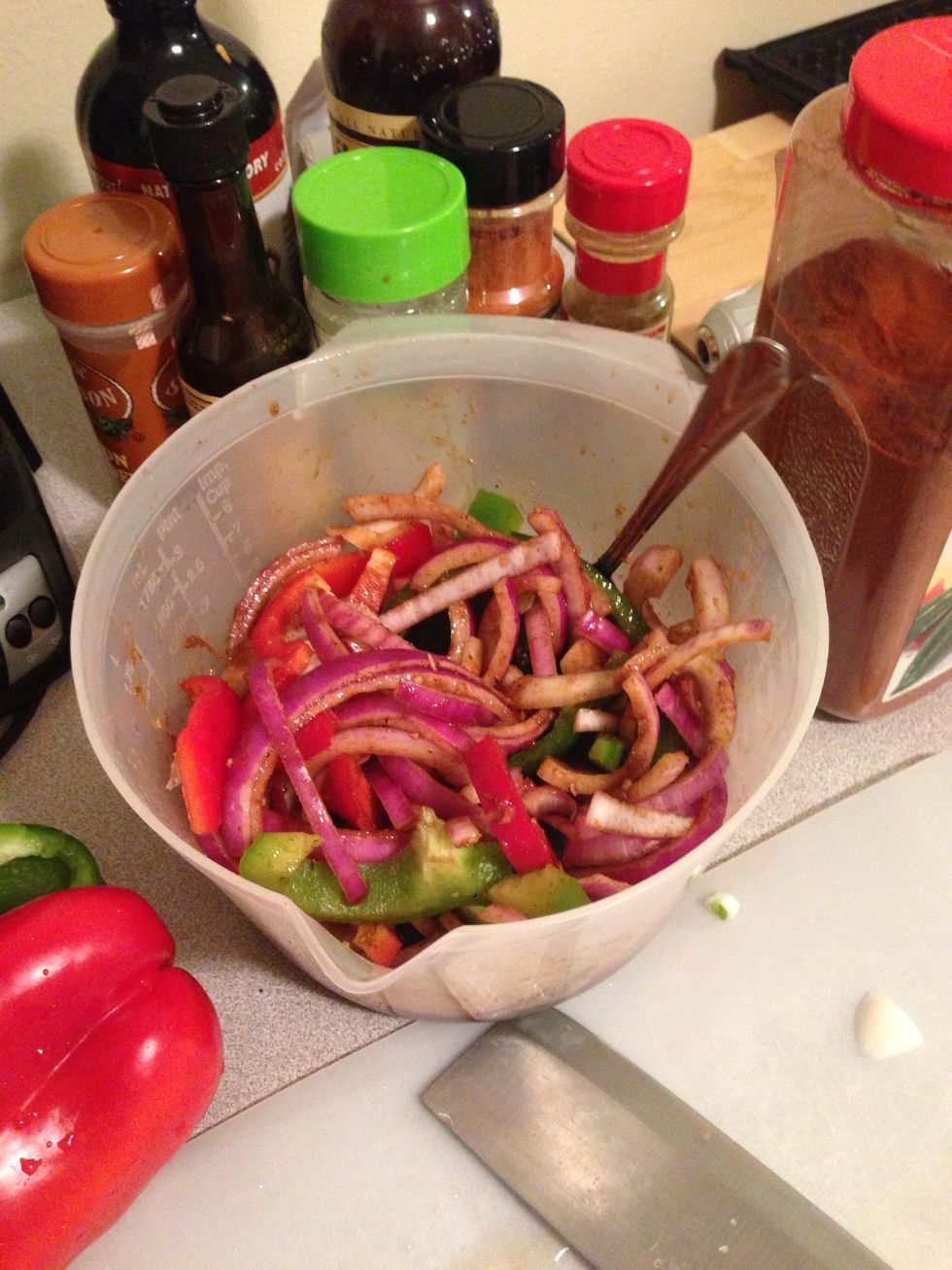 Slice a bell pepper and add it to the mixture.