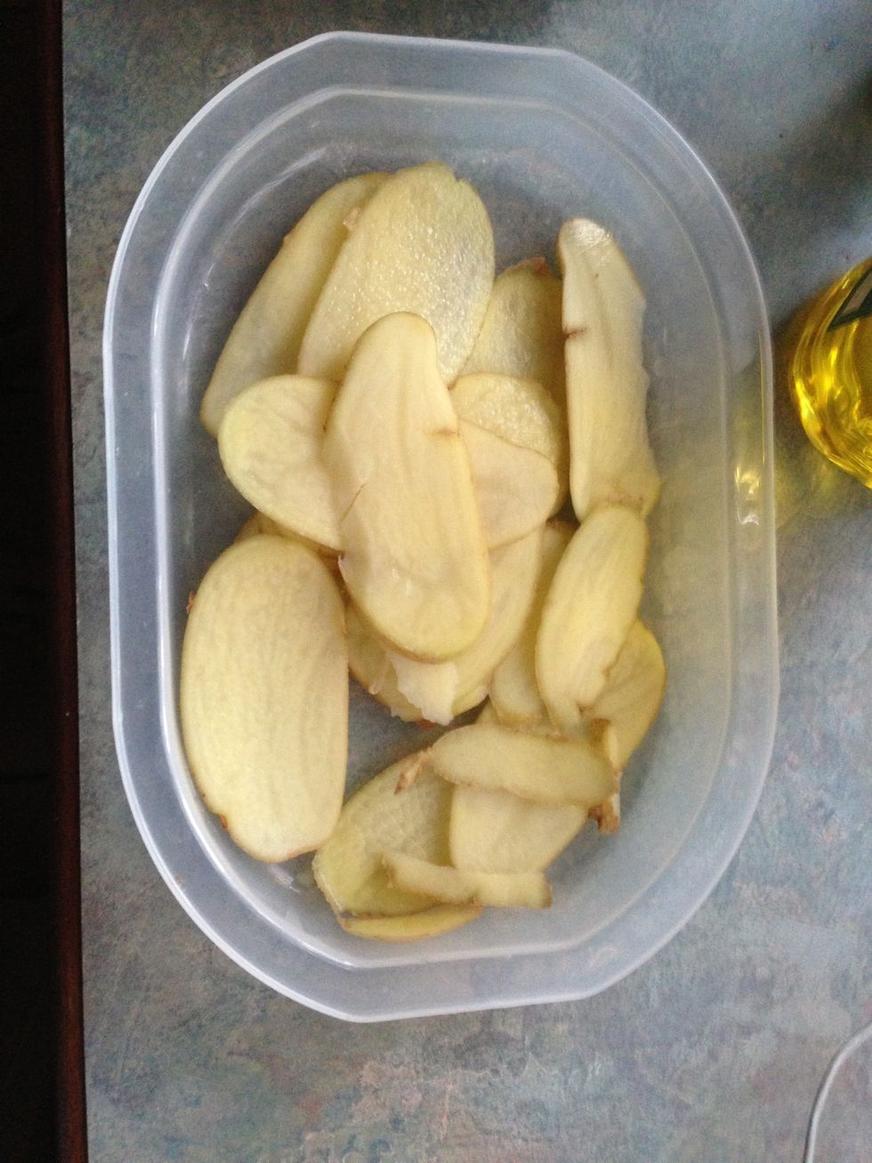 Slice a couple of potatoes very thinly with a sharp knife or slicer using the ancient Chinese art of "beee vely fooking caleful"