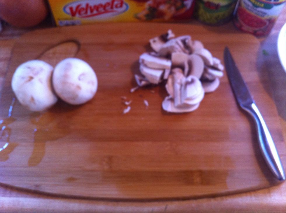 Slice about 4 large white mushrooms then chop them in half long ways; set aside