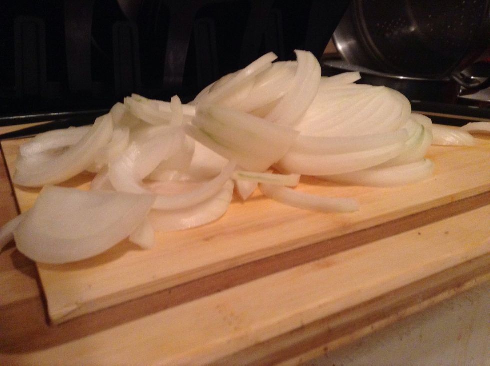 Slice an onion (here I used a Vidalia onion for its mild flavor, but use whatever onion of whatever size you prefer) -- I do not worry about uniformity as I prefer my food have character