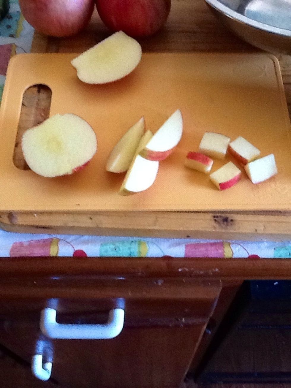 Slice and dice apples. I do half inch cubes but feel free to do what ever size you like. You could also peel your apples if you prefer.