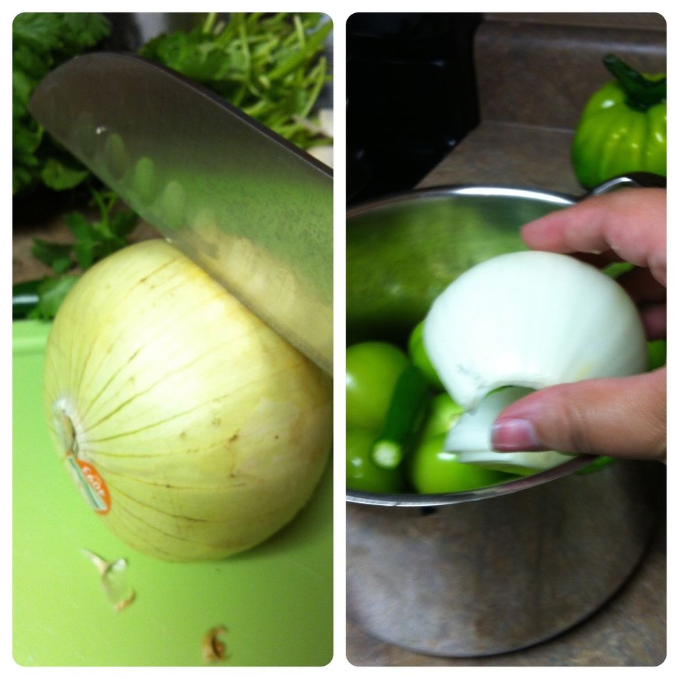 Slice and peel half an onion and add to the pan.