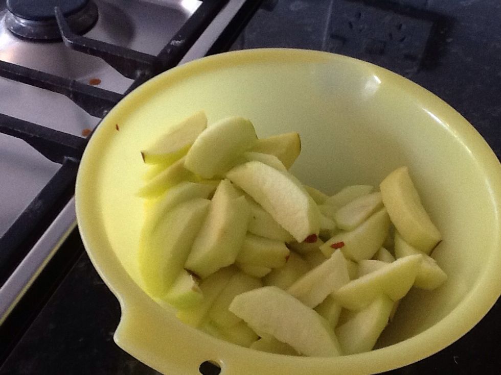 Slice and place in microwaveable bowl. Add a tiny amount of water, like 1-2 tablespoons of water depending on how many apples you have .