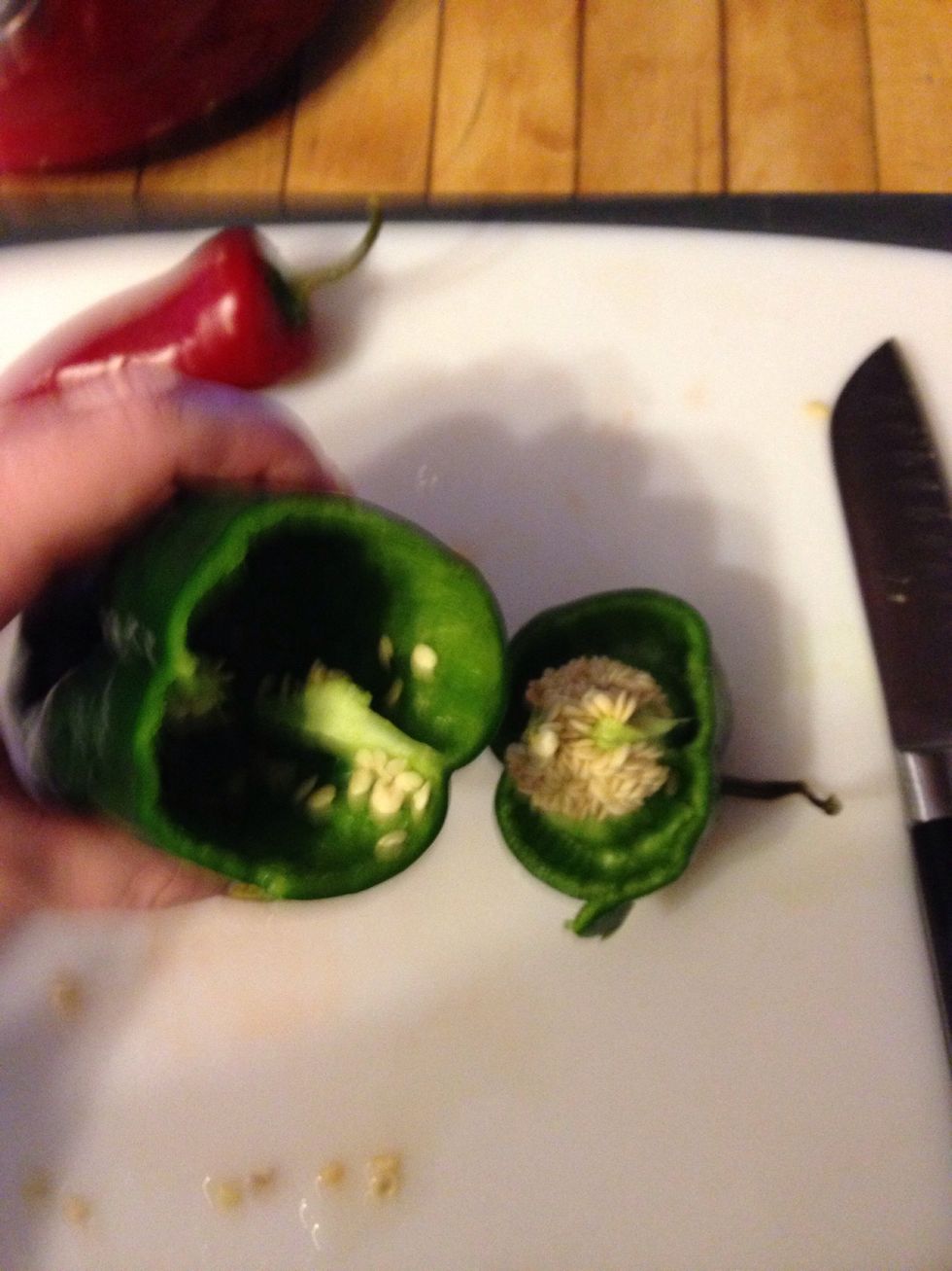Slice and remove seeds from all of the peppers.
