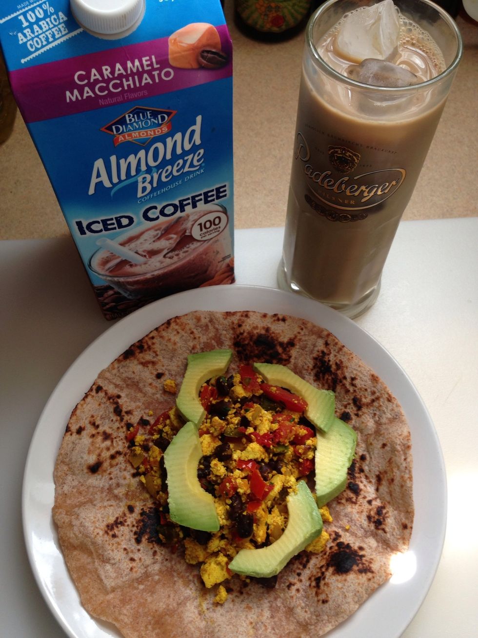 Slice and throw on tortilla. Serve with my new favorite Caramel Macchiato Almond Milk Iced Coffee from Blue Diamond \ud83d\ude00
