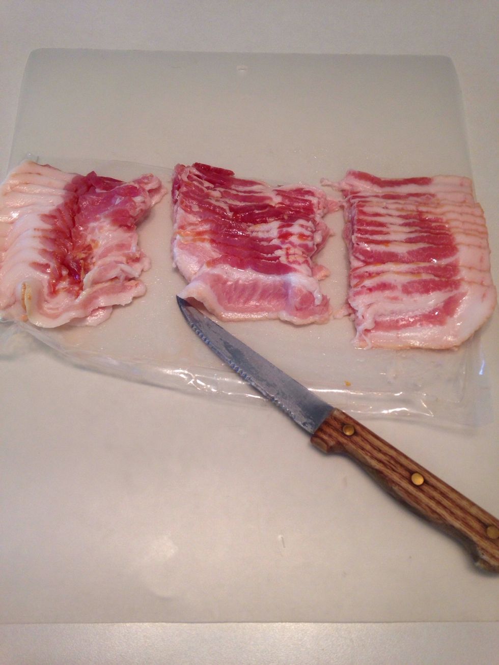 Slice bacon into thirds.