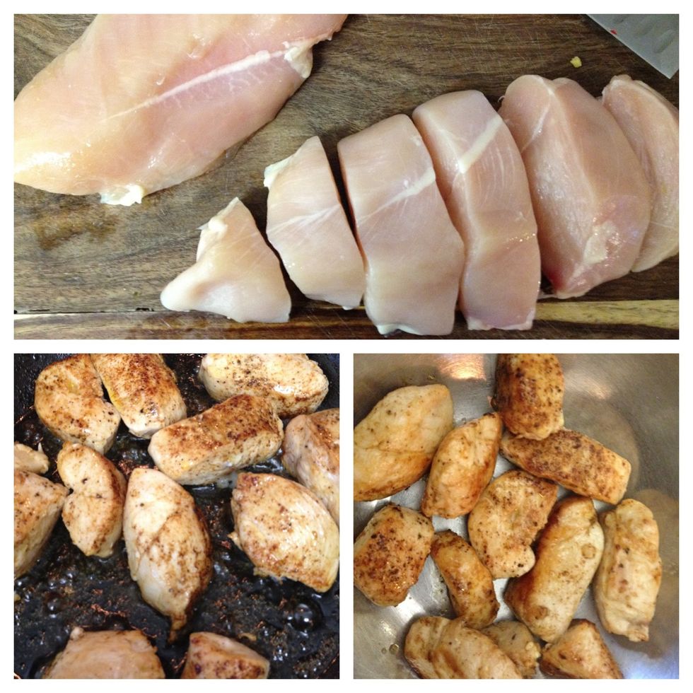 slice chicken breast, drizzle with oil and spices (we use paprika, chili powder, cumin, salt, and pepper.) saut\u00e9 in pan until golden brown. after cooking, allow the chicken to cool in a separate bowl.