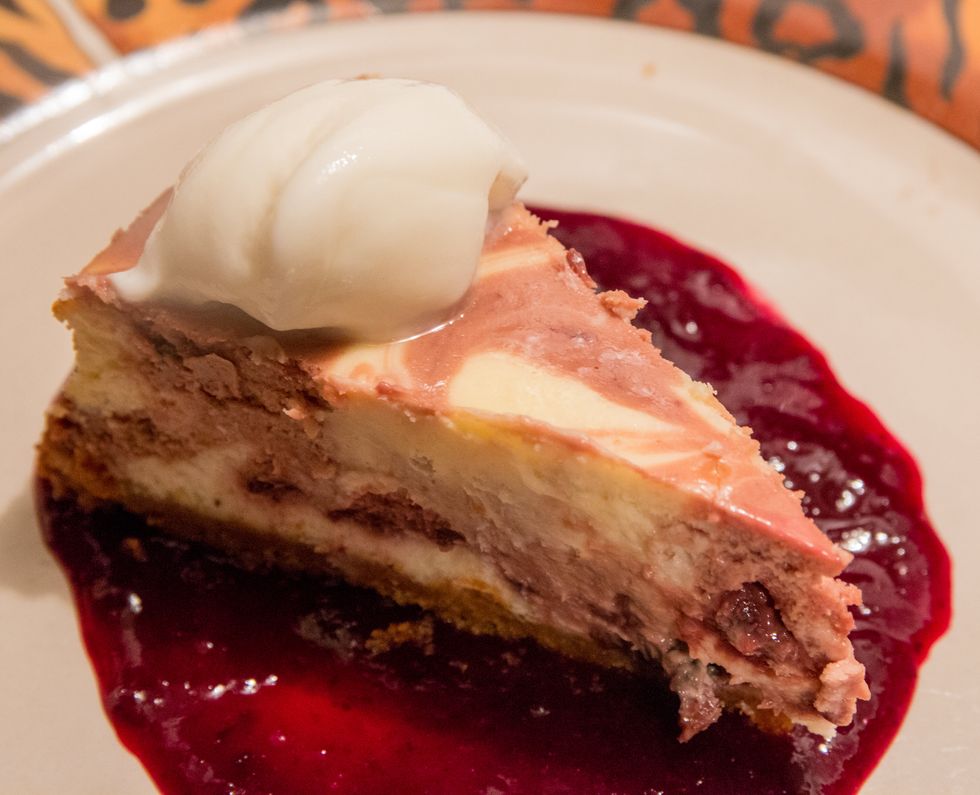 Slice, garnish, eat, repeat, unbutton pants and continue until cake is gone.