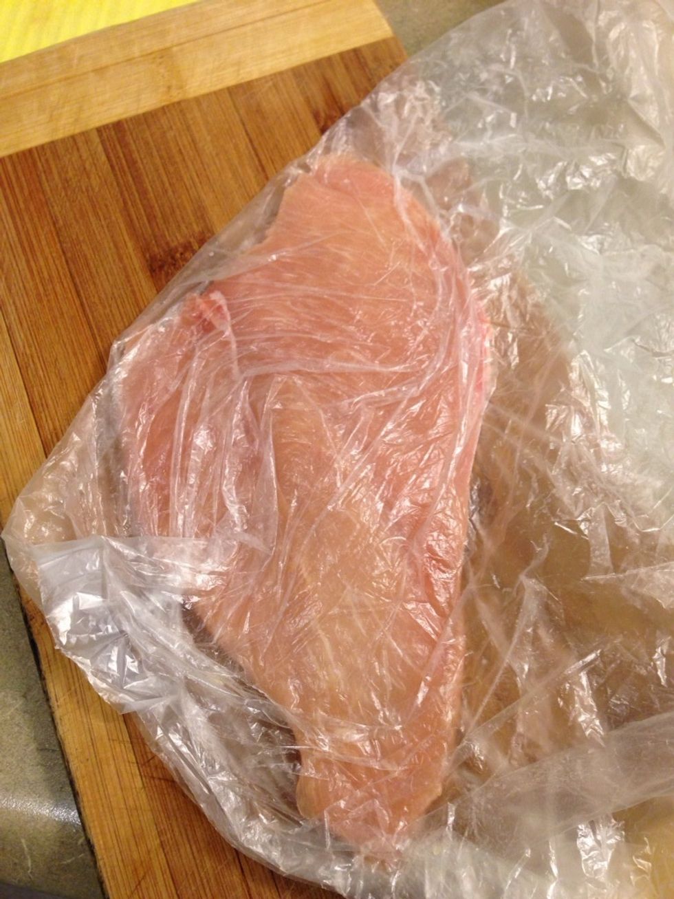 Slice off around 1 inch cutlets from Chicken breasts with a sharp knife. Wrap them in plastic one by one.