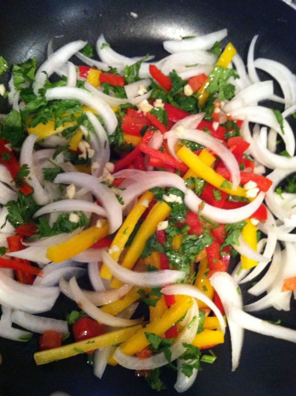 Slice onions and bell peppers, chop the rest of the ingredients and throw in pan. Saut\u00e9 everything in 4 tablespoons of olive oil..