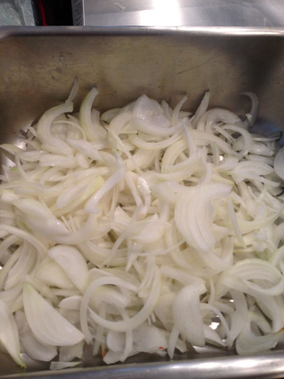 Slice onions in deep baking pan
