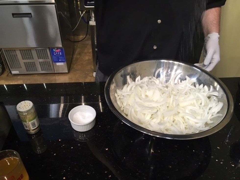Slice onions julienne and place in a large bowl.