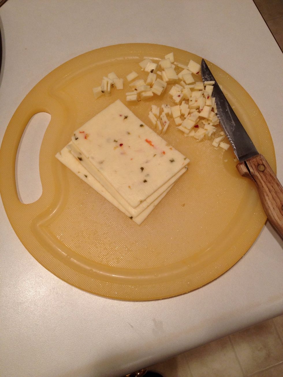 Slice pepper jack cheese into small chunks.